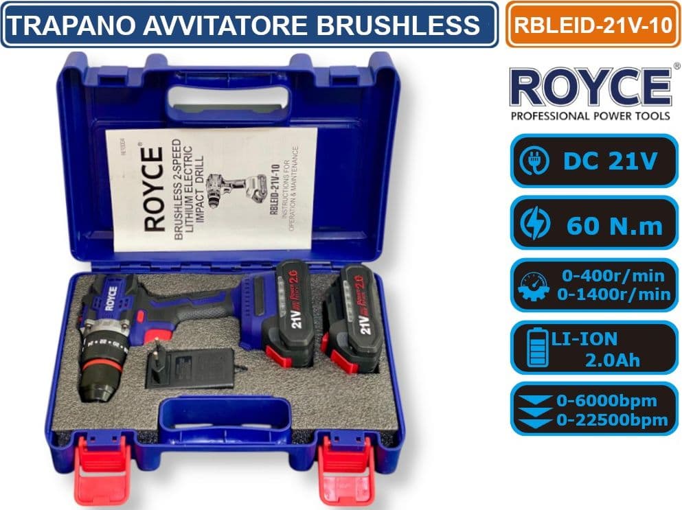 ROYCE RBLEID-21V-10 TRAPANO AVVITATORE CON DOPPIA BATTERIA AL LITIO DA 21V 2AH MOTORE DIGITALE MOTORE BRUSHLESS 60N.m - 5