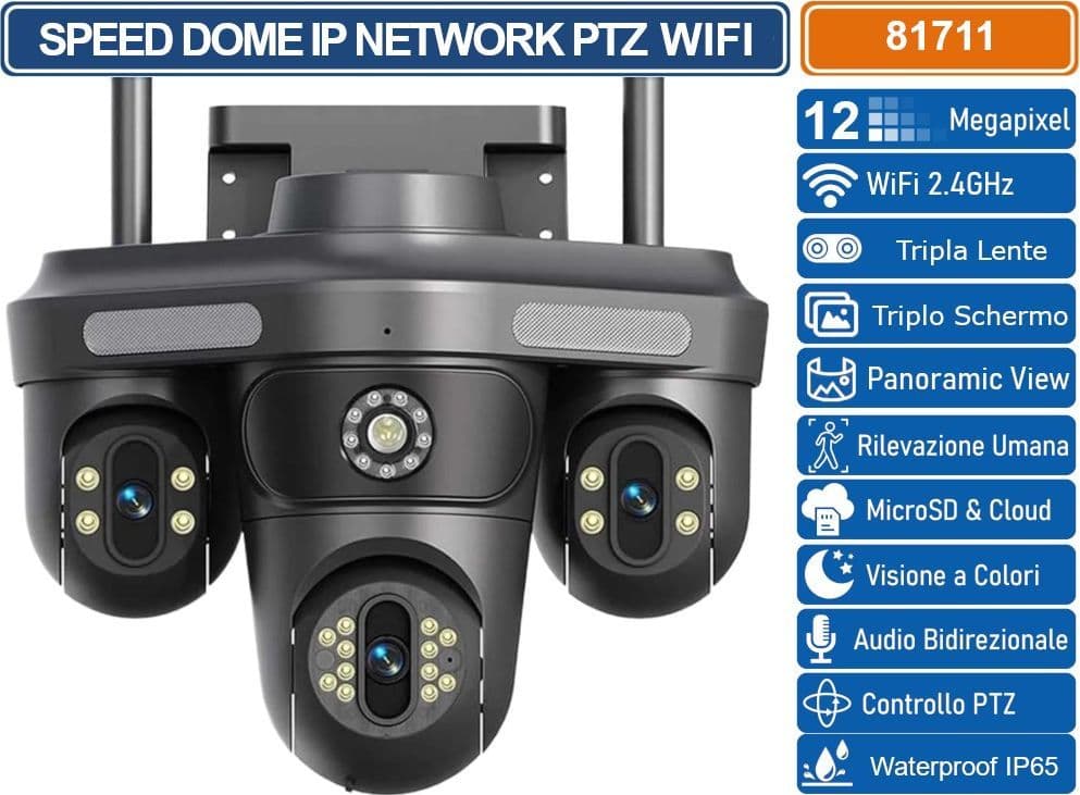 TELECAMERA SPEED DOME PTZ IP NETWORK 12MP CON TRE LENTI TRE SCHERMI ANALISI INTELLIGENTE AUDIO BIDIREZIONALEIP65