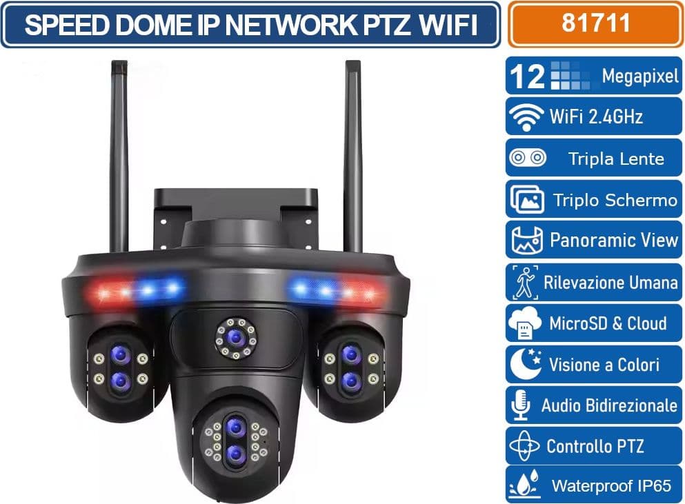 TELECAMERA SPEED DOME PTZ IP NETWORK 12MP CON TRE LENTI TRE SCHERMI ANALISI INTELLIGENTE AUDIO BIDIREZIONALEIP65 - 3