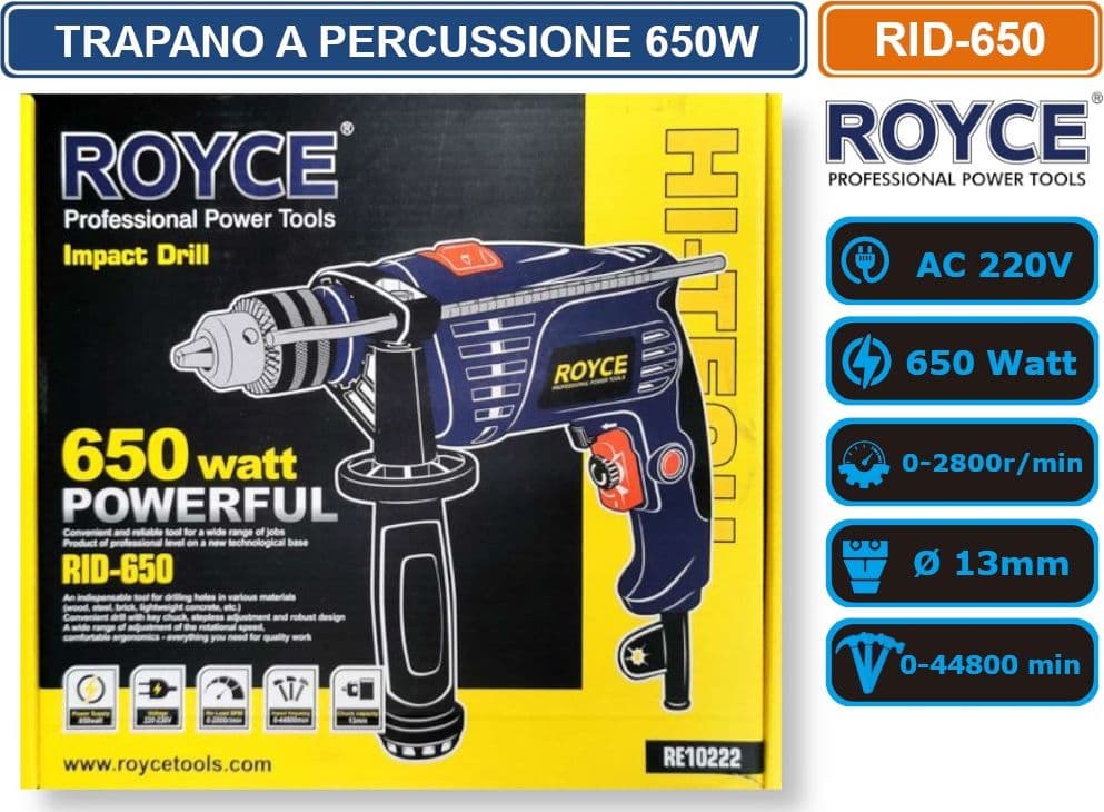 ROYCE RID-650 TRAPANO A PERCUSSIONE DA 650W VELOCITA' REGOLABILE E REVERSIBILE MANDRINO DA 1,5 A 13MM - 2