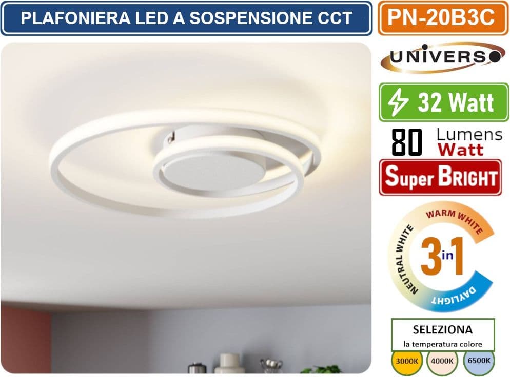 UNIVERSO PN-20B3C PLAFONIERA LAMPADARIO LED SMD A SOFFITTO DESIGN AD ANELLI 32W 3IN1 CCT CAMBIA COLORE LUCE