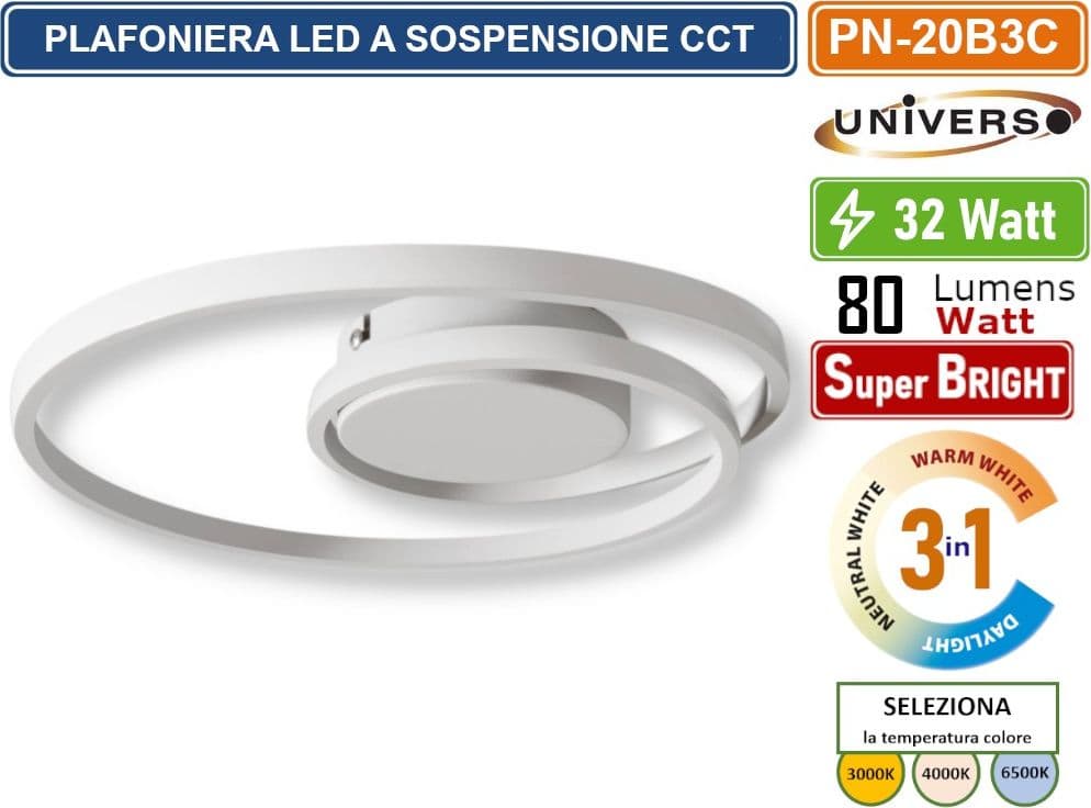 UNIVERSO PN-20B3C PLAFONIERA LAMPADARIO LED SMD A SOFFITTO DESIGN AD ANELLI 32W 3IN1 CCT CAMBIA COLORE LUCE - 2