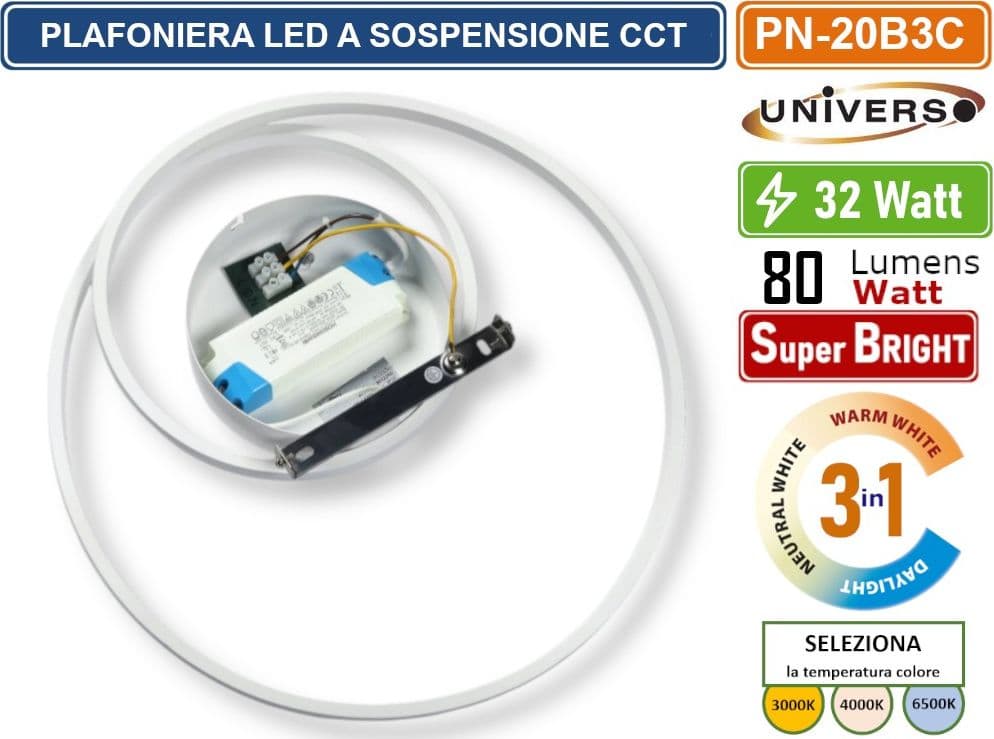 UNIVERSO PN-20B3C PLAFONIERA LAMPADARIO LED SMD A SOFFITTO DESIGN AD ANELLI 32W 3IN1 CCT CAMBIA COLORE LUCE - 3
