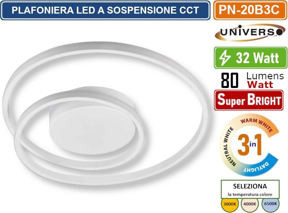 UNIVERSO PN-20B3C PLAFONIERA LAMPADARIO LED SMD A SOFFITTO DESIGN AD ANELLI 32W 3IN1 CCT CAMBIA COLORE LUCE - 4