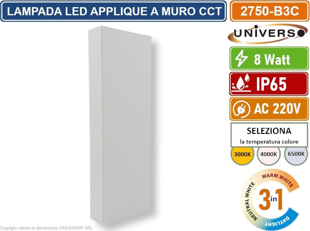 UNIVERSO 2750-B3C APPLIQUE CON DOPPIO FASCIO LUMINOSO UP & DOWN CON POTENZA DI 8W DA ESTERNO IP65 CAMBIA COLORE CCT 3in1 CON DRIVER - 2