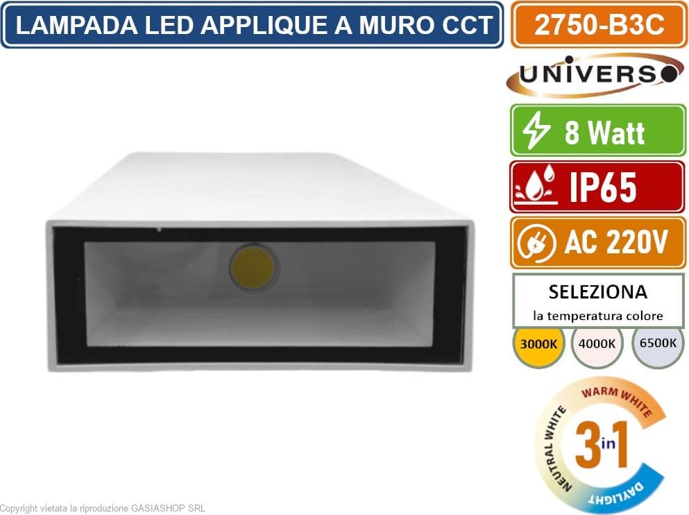 UNIVERSO 2750-B3C APPLIQUE CON DOPPIO FASCIO LUMINOSO UP & DOWN CON POTENZA DI 8W DA ESTERNO IP65 CAMBIA COLORE CCT 3in1 CON DRIVER - 3