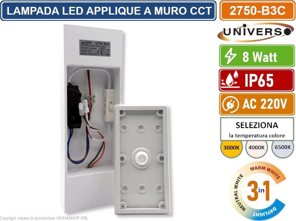 UNIVERSO 2750-B3C APPLIQUE CON DOPPIO FASCIO LUMINOSO UP & DOWN CON POTENZA DI 8W DA ESTERNO IP65 CAMBIA COLORE CCT 3in1 CON DRIVER - 5