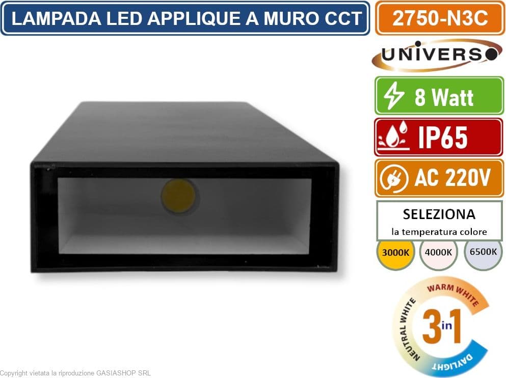 UNIVERSO 2750-N3C APPLIQUE CON DOPPIO FASCIO LUMINOSO UP & DOWN CON POTENZA DI 8W DA ESTERNO IP65 CAMBIA COLORE CCT 3in1 CON DRIVER - 3