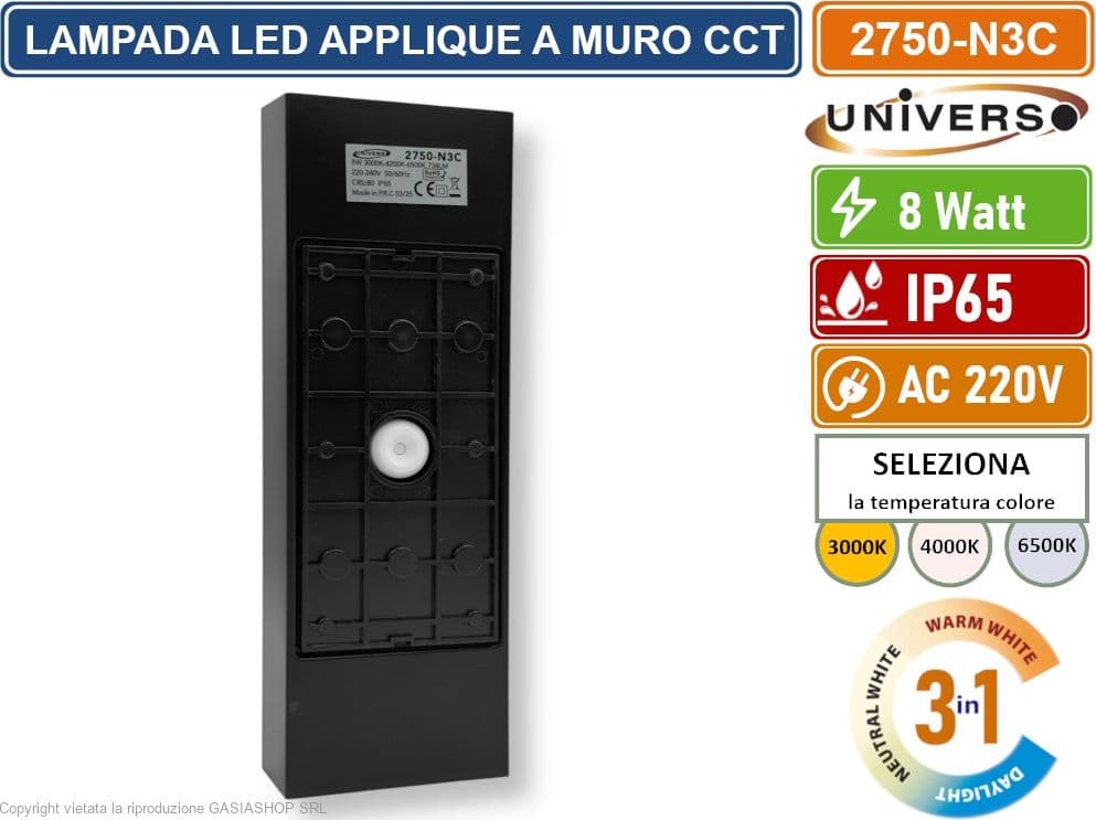 UNIVERSO 2750-N3C APPLIQUE CON DOPPIO FASCIO LUMINOSO UP & DOWN CON POTENZA DI 8W DA ESTERNO IP65 CAMBIA COLORE CCT 3in1 CON DRIVER - 4