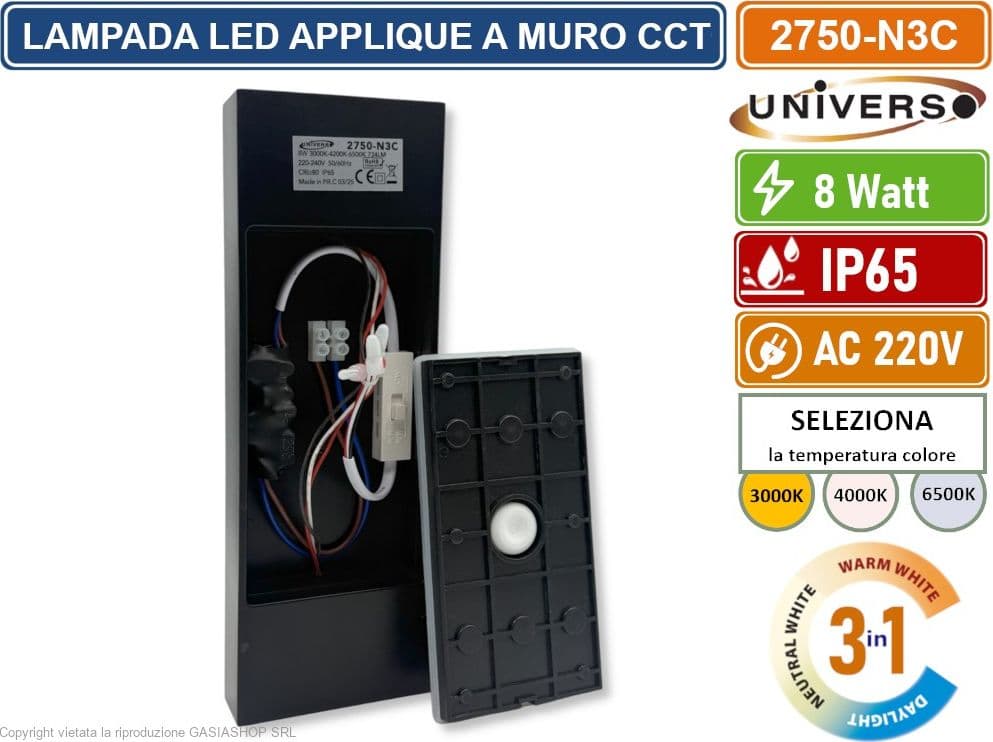 UNIVERSO 2750-N3C APPLIQUE CON DOPPIO FASCIO LUMINOSO UP & DOWN CON POTENZA DI 8W DA ESTERNO IP65 CAMBIA COLORE CCT 3in1 CON DRIVER - 5