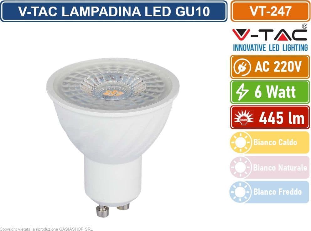 V-TAC VT-247 LAMPADINA SMD LED GU10 6W FARETTO SPOTLIGHT PAR16 110° - SKU 211921 / 211931 / 211941 - 5