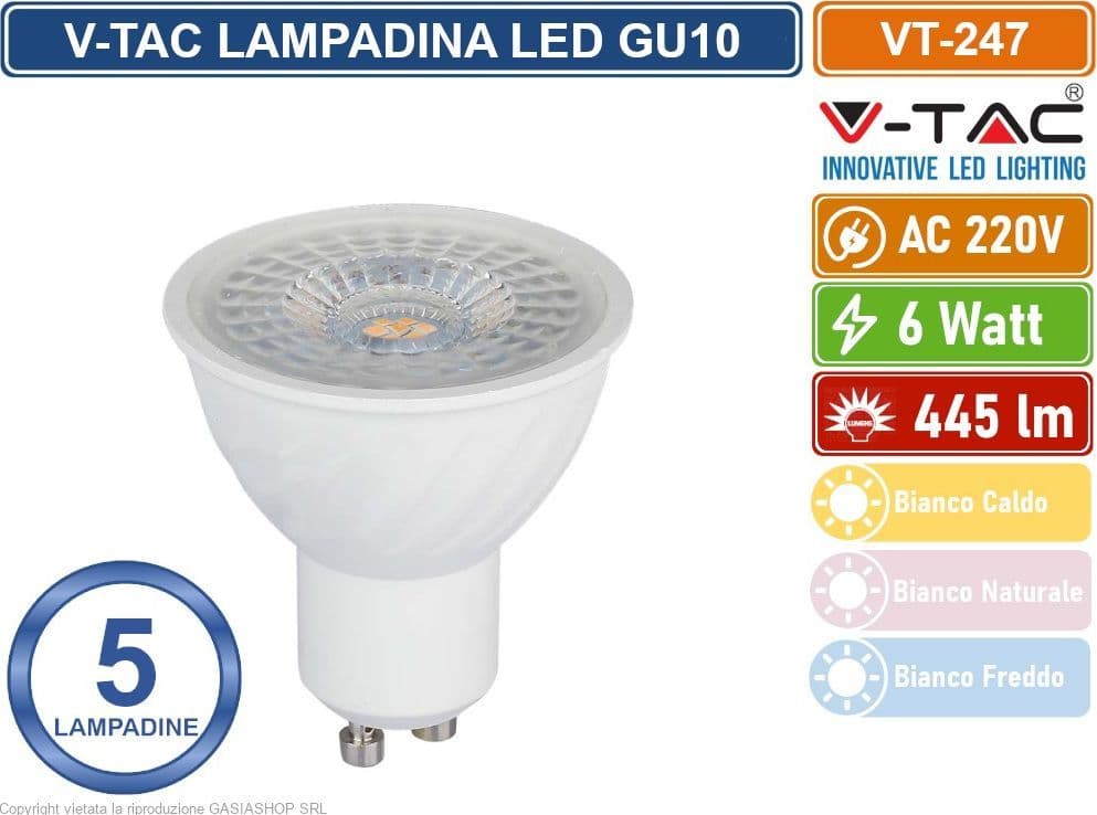 5 PEZZI V-TAC VT-247 LAMPADINA SMD LED GU10 6W FARETTO SPOTLIGHT PAR16 110° - SKU 211921 / 211931 / 211941 - 5