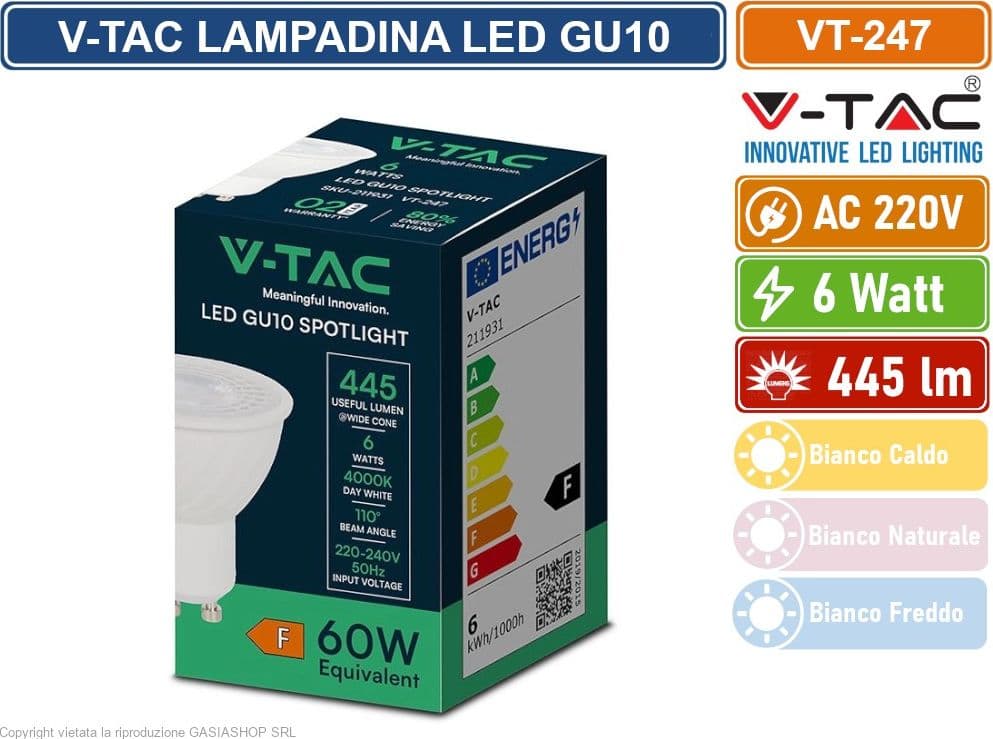 5 PEZZI V-TAC VT-247 LAMPADINA SMD LED GU10 6W FARETTO SPOTLIGHT PAR16 110° - SKU 211921 / 211931 / 211941 - 4