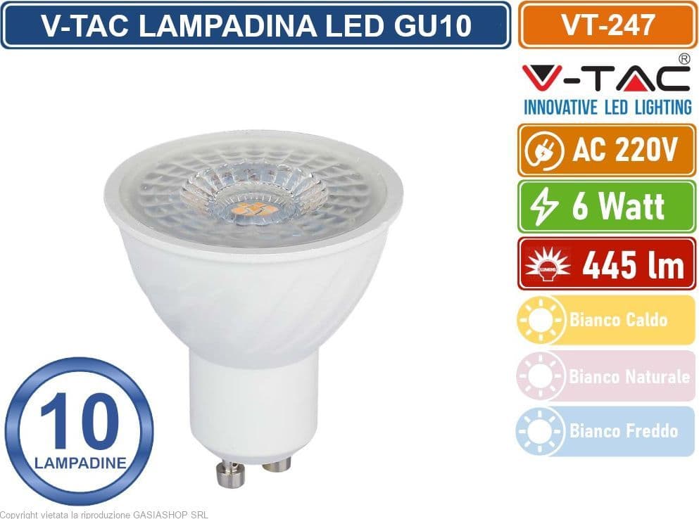 10 PEZZI V-TAC VT-247 LAMPADINA SMD LED GU10 6W FARETTO SPOTLIGHT PAR16 110° - SKU 211921 / 211931 / 211941 - 5