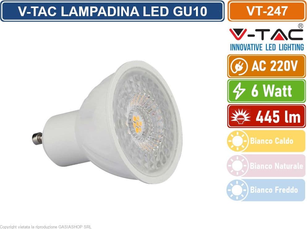 10 PEZZI V-TAC VT-247 LAMPADINA SMD LED GU10 6W FARETTO SPOTLIGHT PAR16 110° - SKU 211921 / 211931 / 211941 - 2