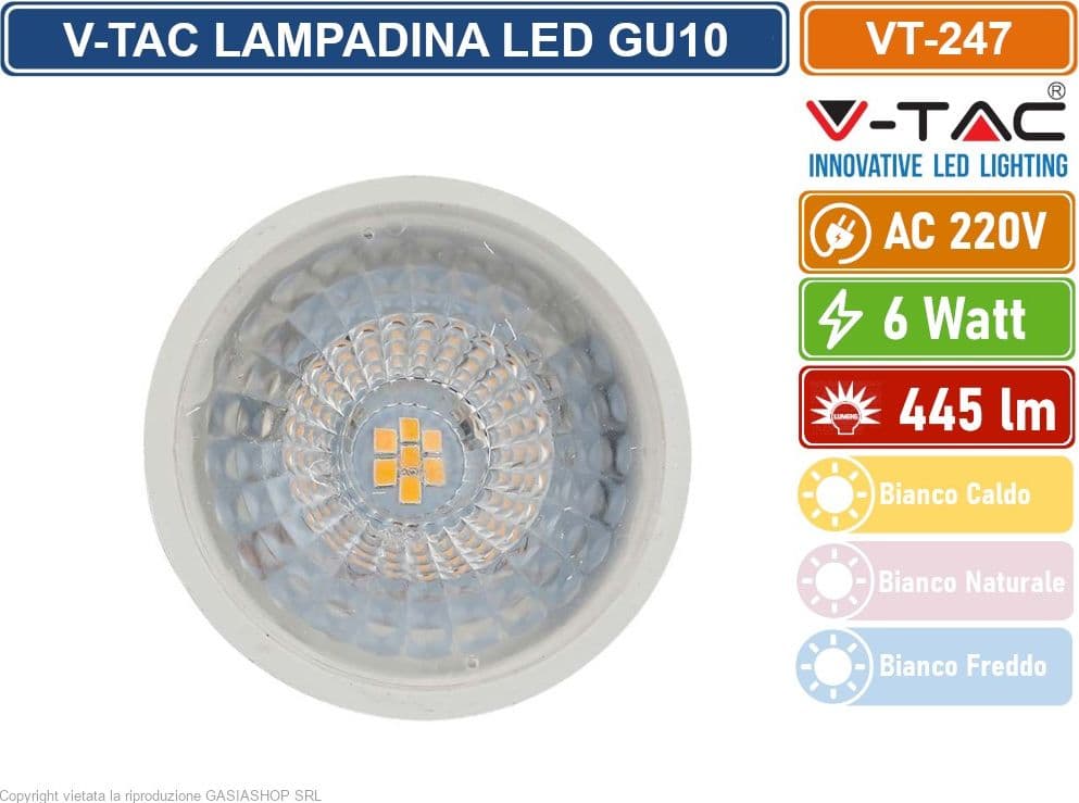 15 PEZZI V-TAC VT-247 LAMPADINA SMD LED GU10 6W FARETTO SPOTLIGHT PAR16 110° - SKU 211921 / 211931 / 211941 - 3