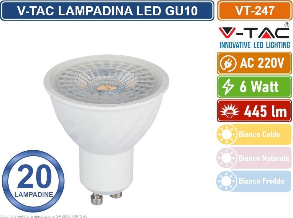 20 PEZZI V-TAC VT-247 LAMPADINA SMD LED GU10 6W FARETTO SPOTLIGHT PAR16 110° - SKU 211921 / 211931 / 211941 - 5