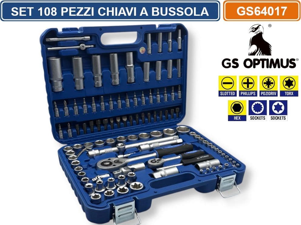 GS OPTIMUS GS64017 SET 108 PEZZI CHIAVI A BUSSOLA CON CRICCHETTO E ACCESSORI CROMO VANADIO CON VALIGIA - 2