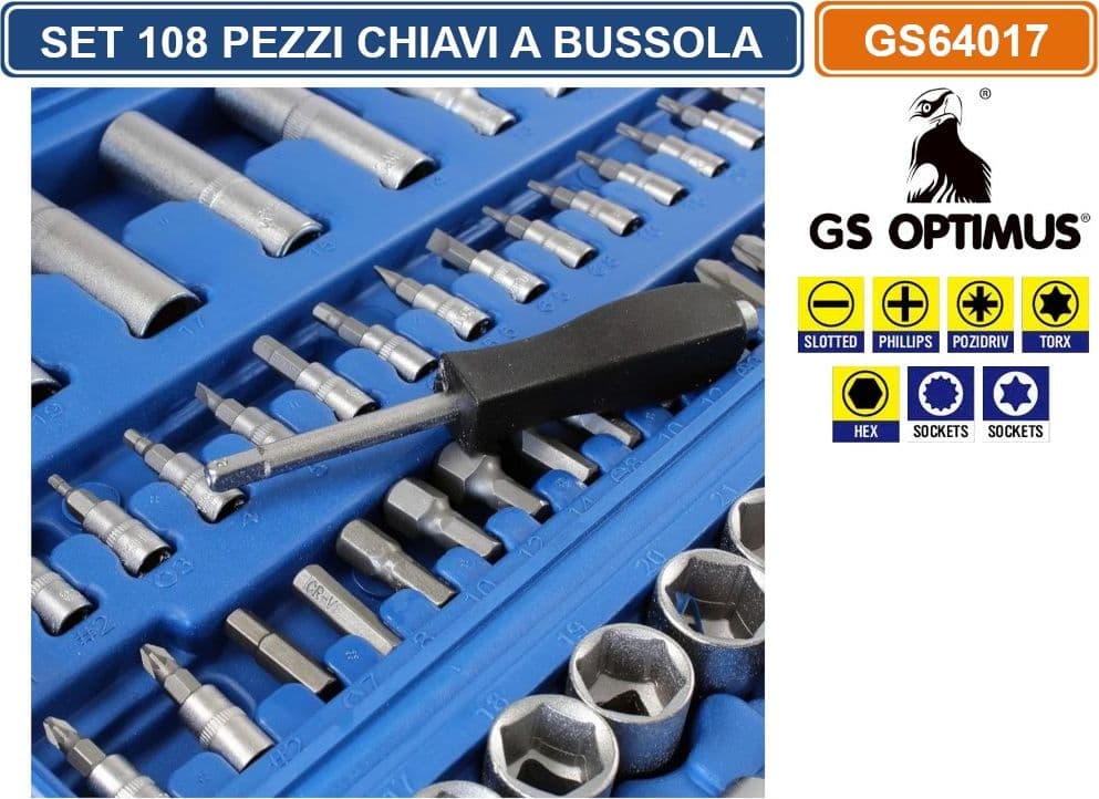 GS OPTIMUS GS64017 SET 108 PEZZI CHIAVI A BUSSOLA CON CRICCHETTO E ACCESSORI CROMO VANADIO CON VALIGIA - 3