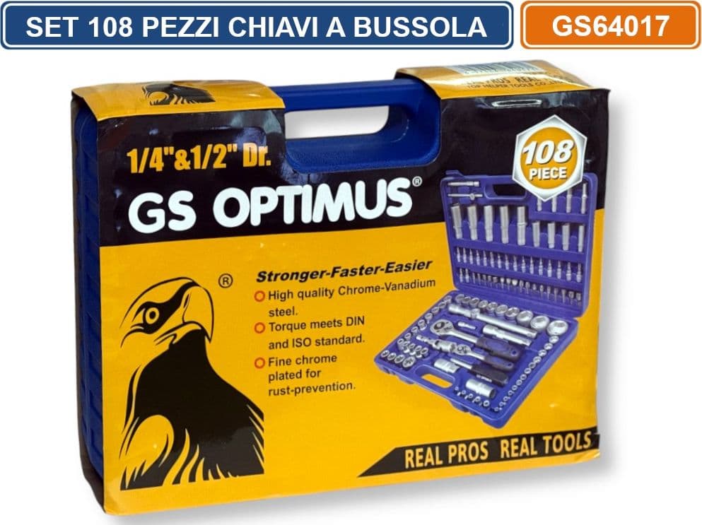 GS OPTIMUS GS64017 SET 108 PEZZI CHIAVI A BUSSOLA CON CRICCHETTO E ACCESSORI CROMO VANADIO CON VALIGIA - 5