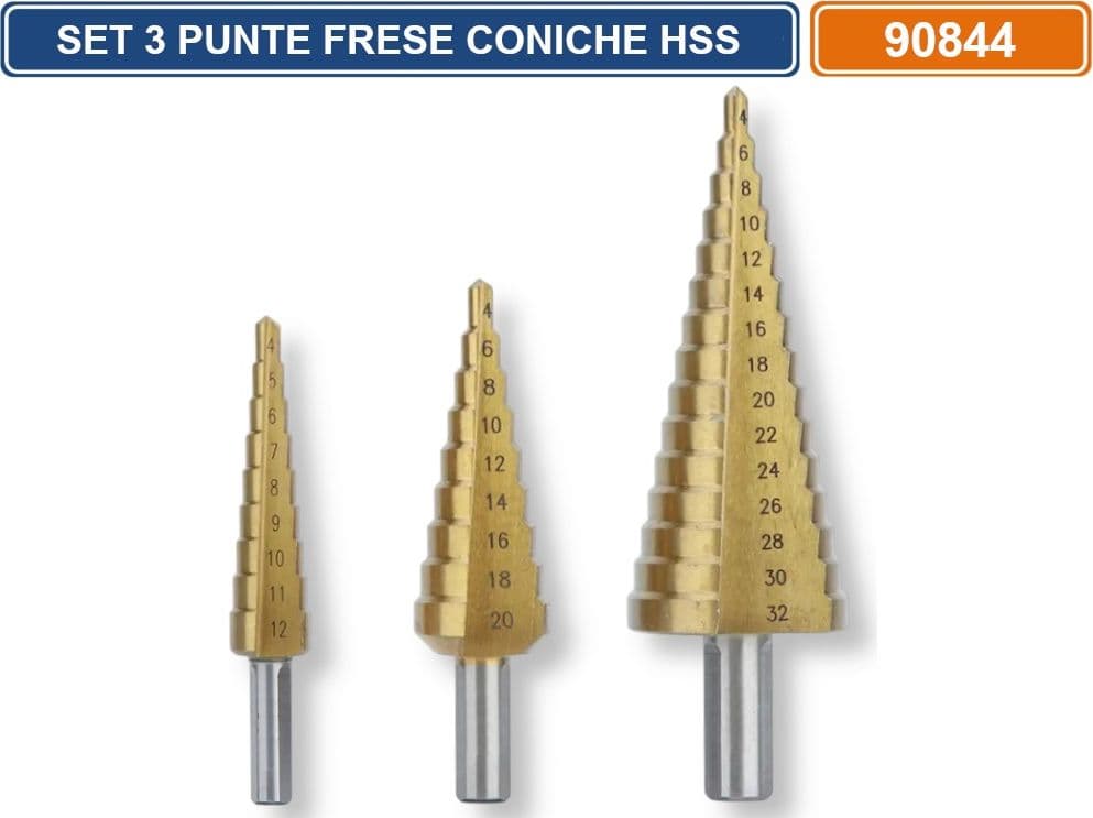 SET 3 PEZZI FRESE CONICHE A GRADINO ACCIAIO HSS DA 4-12MM 4-20MM 4-32MM - 2