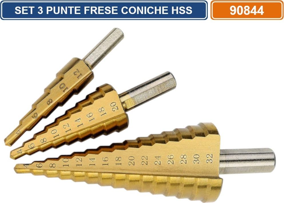 SET 3 PEZZI FRESE CONICHE A GRADINO ACCIAIO HSS DA 4-12MM 4-20MM 4-32MM - 3