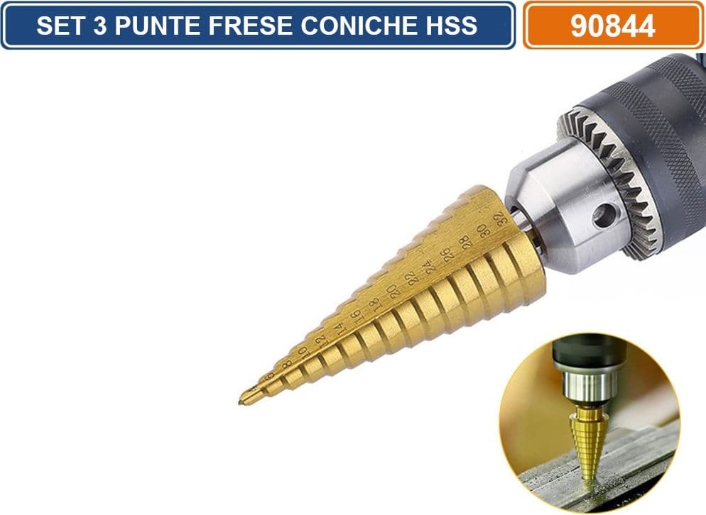 SET 3 PEZZI FRESE CONICHE A GRADINO ACCIAIO HSS DA 4-12MM 4-20MM 4-32MM - 4