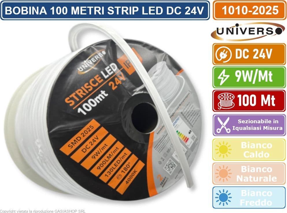 UNIVERSO BOBINA 100 METRI STRIP LED FLESSIBILE DC 24V 9W METRO DIVISIBILE IN QUALSIASI MISURA DA ESTERNO IP65 - 6