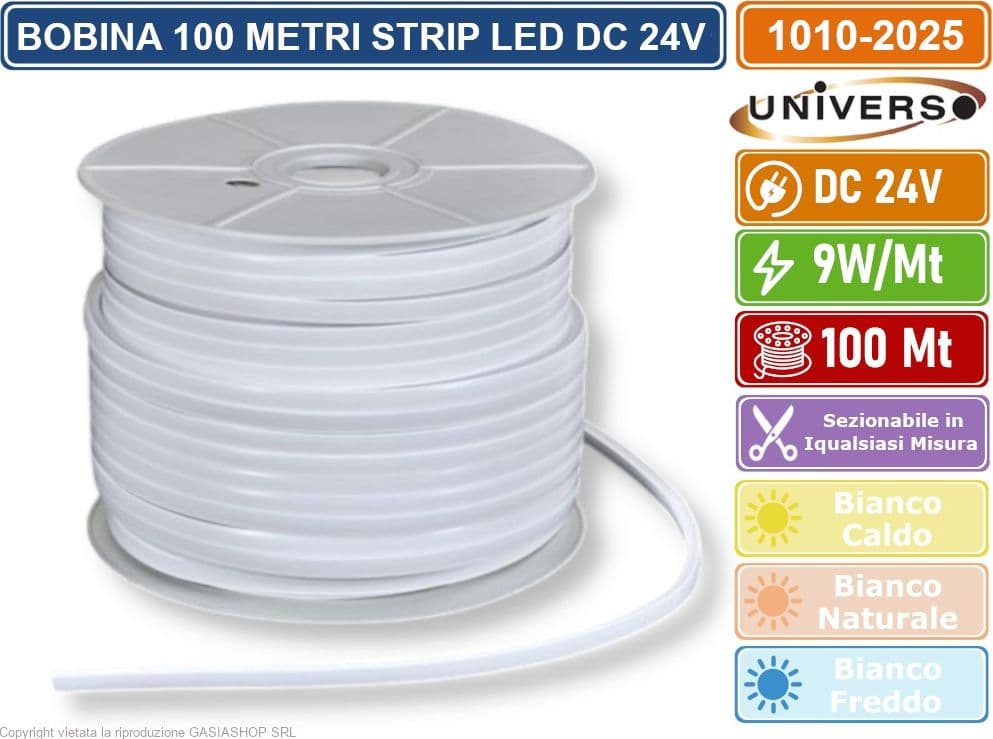 UNIVERSO BOBINA 100 METRI STRIP LED FLESSIBILE DC 24V 9W METRO DIVISIBILE IN QUALSIASI MISURA DA ESTERNO IP65 - 2