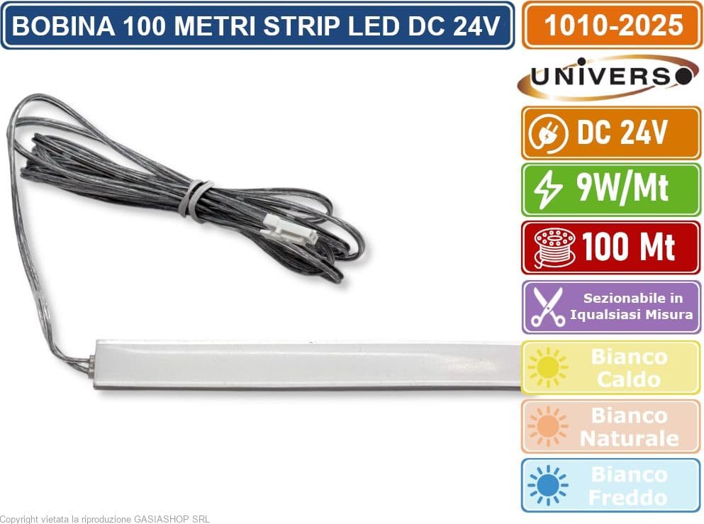 UNIVERSO BOBINA 100 METRI STRIP LED FLESSIBILE DC 24V 9W METRO DIVISIBILE IN QUALSIASI MISURA DA ESTERNO IP65 - 5