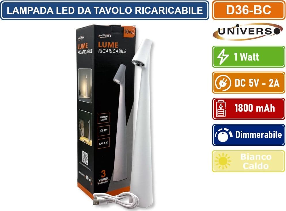 UNIVERSO LAMPADA DA TAVOLO BIANCA 1W TOUCH DIMMERABILE IN ALLUMINIO CON BATTERIA BIANCO CALDO 3000K