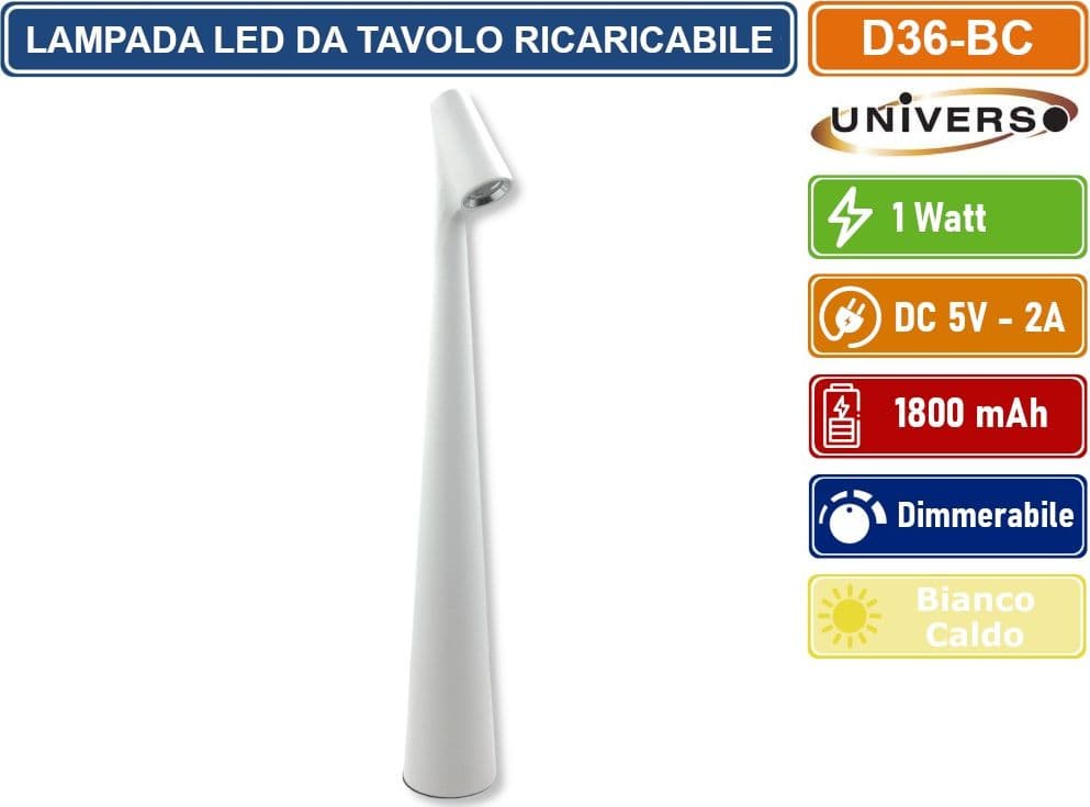 UNIVERSO LAMPADA DA TAVOLO BIANCA 1W TOUCH DIMMERABILE IN ALLUMINIO CON BATTERIA BIANCO CALDO 3000K - 2