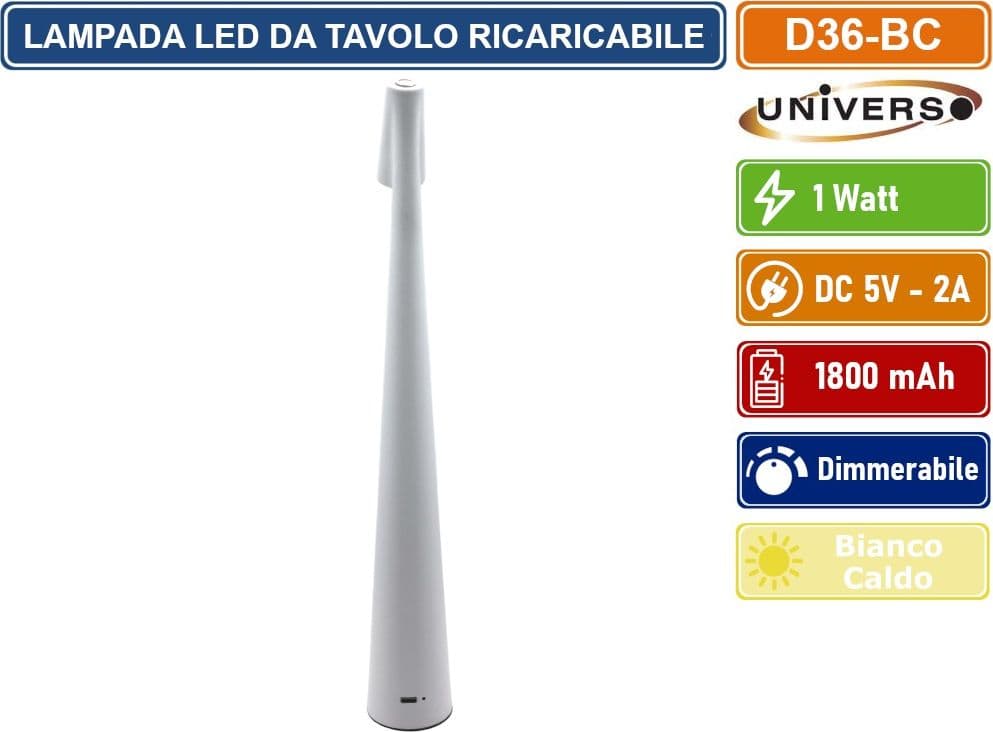 UNIVERSO LAMPADA DA TAVOLO BIANCA 1W TOUCH DIMMERABILE IN ALLUMINIO CON BATTERIA BIANCO CALDO 3000K - 3