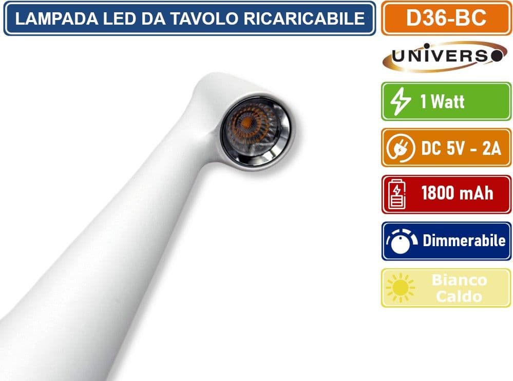 UNIVERSO LAMPADA DA TAVOLO BIANCA 1W TOUCH DIMMERABILE IN ALLUMINIO CON BATTERIA BIANCO CALDO 3000K - 4