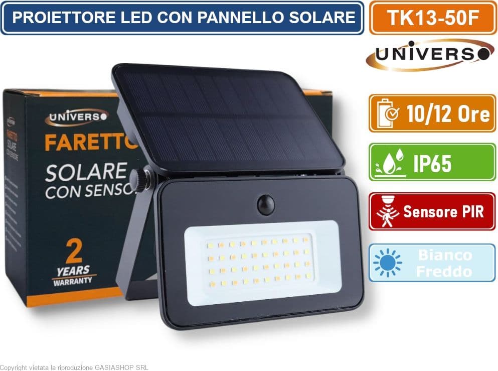 UNIVERSO TK13-50F LAMPADA APPLIQUE PROIETTORE LED A MURO EQUIVALENTE A 40W CON PANNELLO SOLARE E SENSORE PIR DA ESTERNO IP65