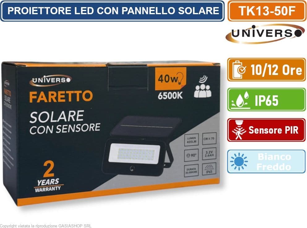 UNIVERSO TK13-50F LAMPADA APPLIQUE PROIETTORE LED A MURO EQUIVALENTE A 40W CON PANNELLO SOLARE E SENSORE PIR DA ESTERNO IP65 - 4