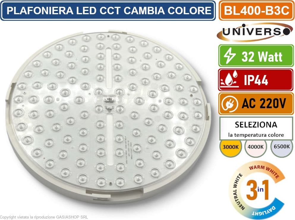 UNIVERSO BL400-B3C PLAFONIERA CIRCOLARE SMD LED 32W CAMBIA COLORE LUCE CCT SWITCH 3IN1 IP44 - 3