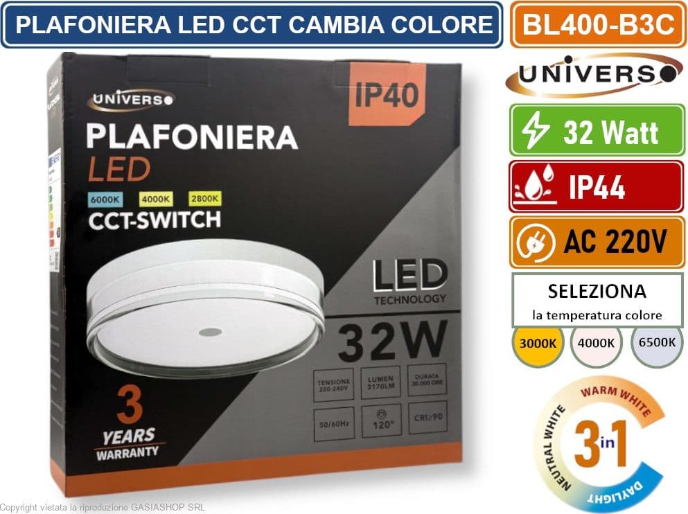 UNIVERSO BL400-B3C PLAFONIERA CIRCOLARE SMD LED 32W CAMBIA COLORE LUCE CCT SWITCH 3IN1 IP44 - 4