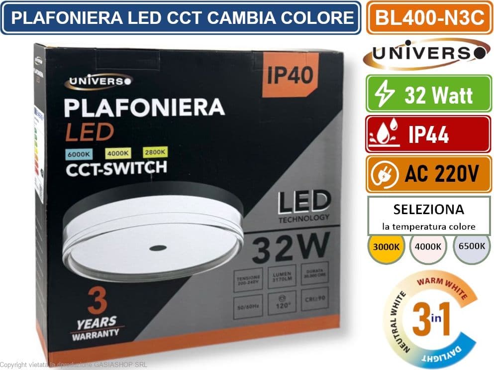 UNIVERSO BL400-N3C PLAFONIERA CIRCOLARE SMD LED 32W CAMBIA COLORE LUCE CCT SWITCH 3IN1 IP44 - 4