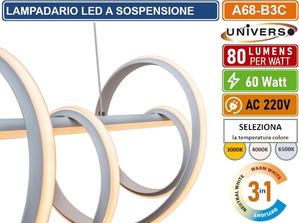 UNIVERSO A68-B3C LAMPADARIO LED A SOSPENSIONE INTRECCIATO A SPIRALE 60W SMD COLORE BIANCO CCT COLORE LUCE SELEZIONABILE 3000K 4000K 6500K - 2