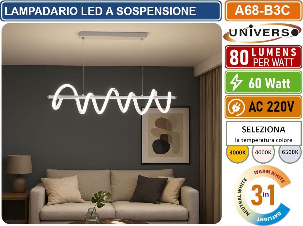 UNIVERSO A68-B3C LAMPADARIO LED A SOSPENSIONE INTRECCIATO A SPIRALE 60W SMD COLORE BIANCO CCT COLORE LUCE SELEZIONABILE 3000K 4000K 6500K - 3