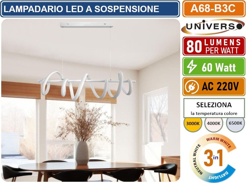 UNIVERSO A68-B3C LAMPADARIO LED A SOSPENSIONE INTRECCIATO A SPIRALE 60W SMD COLORE BIANCO CCT COLORE LUCE SELEZIONABILE 3000K 4000K 6500K - 4