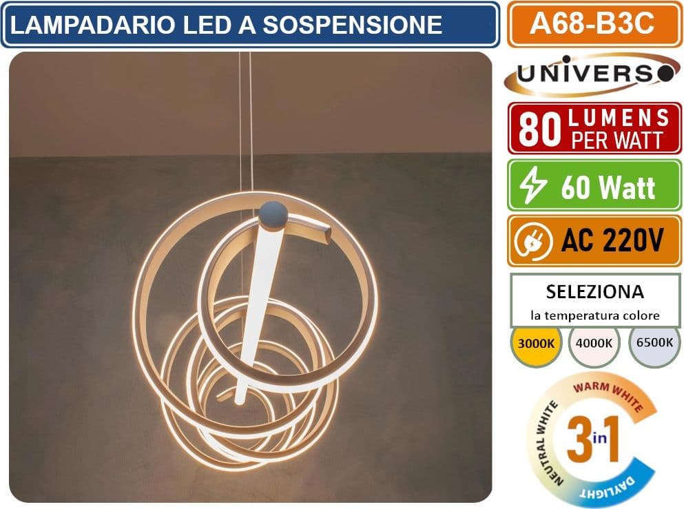 UNIVERSO A68-B3C LAMPADARIO LED A SOSPENSIONE INTRECCIATO A SPIRALE 60W SMD COLORE BIANCO CCT COLORE LUCE SELEZIONABILE 3000K 4000K 6500K - 5