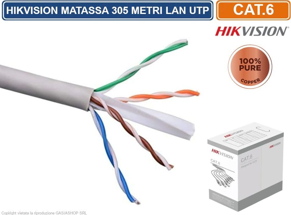 HIKVISION DS-1LN6UZC0 MATASSA BOBINA CAVO DI RETE 305 METRI ETHERNET UTP CAT 6 4X2 AWG 24 LAN RJ45 100% RAME - 2
