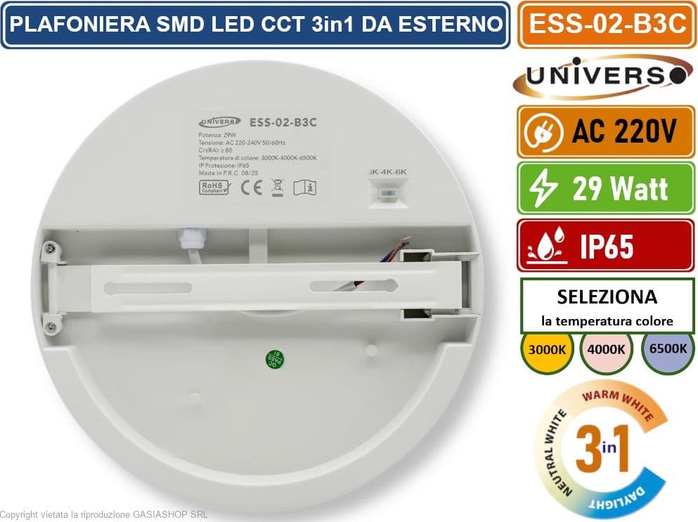 UNIVERSO ESS-02-B3C PLAFONIERA CIRCOLARE SMD LED 29W DA ESTERNO IP65 CCT SWITCH CAMBIA COLORE LUCE 3000K - 4000K - 6500K - 4
