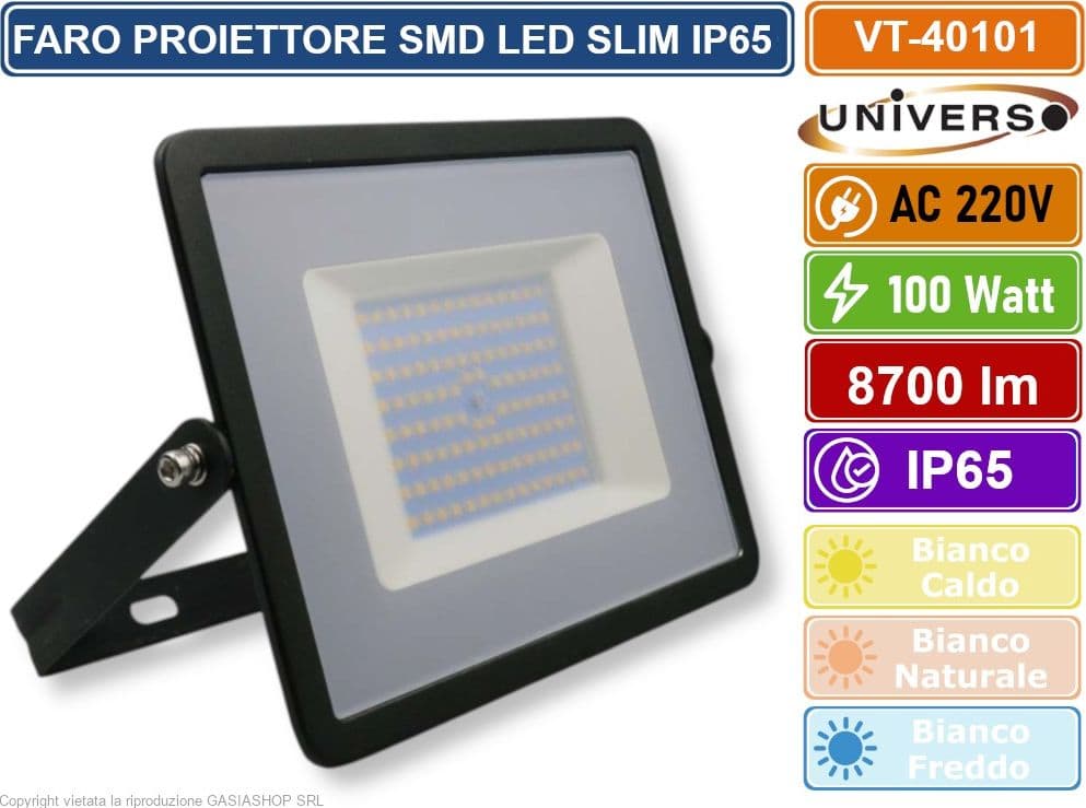 V-TAC VT-40101 PROIETTORE FARO LED SMD 100W ULTRA SOTTILE DA ESTERNO COLORE NERO - SKU 215964 / 215965 / 215966 - 2