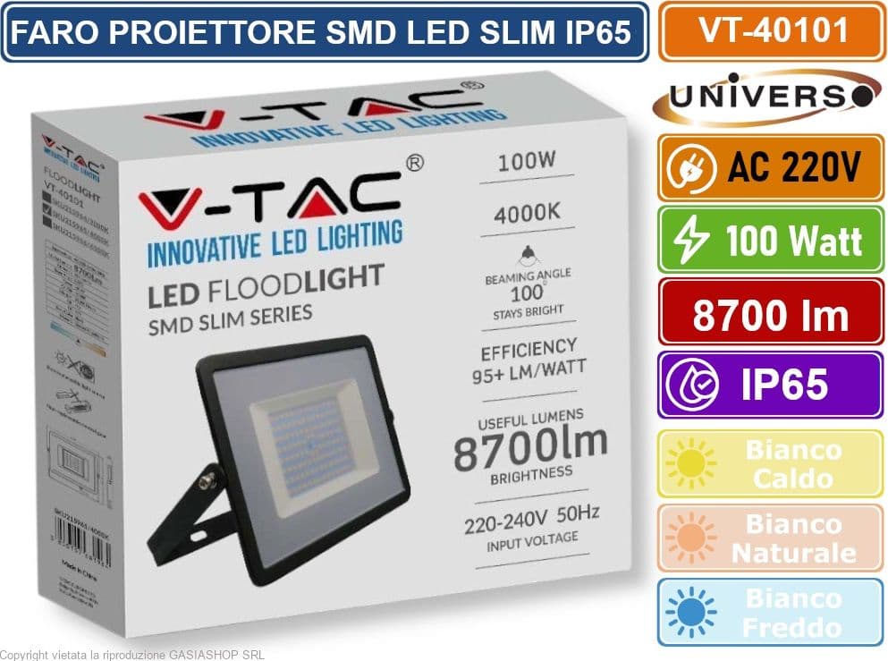 V-TAC VT-40101 PROIETTORE FARO LED SMD 100W ULTRA SOTTILE DA ESTERNO COLORE NERO - SKU 215964 / 215965 / 215966 - 3