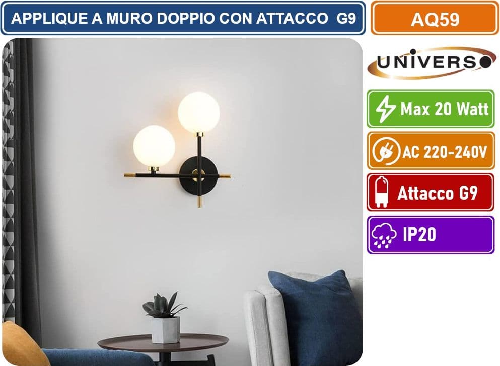 UNIVERSO AQ59 APPLIQUE MODERNO DA INTERNO CON DOPPIO PORTALAMPAGA ATTACCO G9 - 5