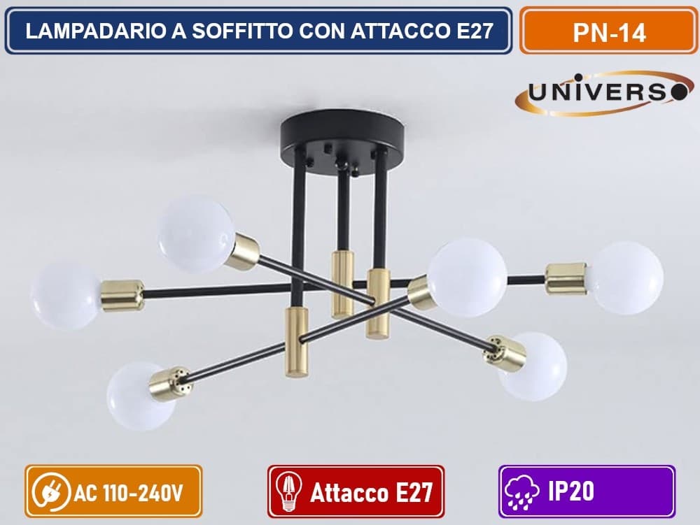 PLAFONIERA LAMPADARIO DA SOFFITTO STILE MODERNO ASTE REGOLBILI CON 6 ATTACCHI PER LAMPADINE E27 - 2