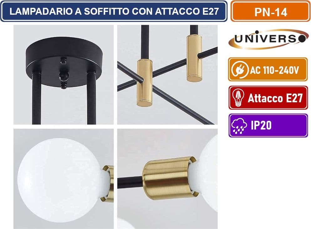 PLAFONIERA LAMPADARIO DA SOFFITTO STILE MODERNO ASTE REGOLBILI CON 6 ATTACCHI PER LAMPADINE E27 - 3